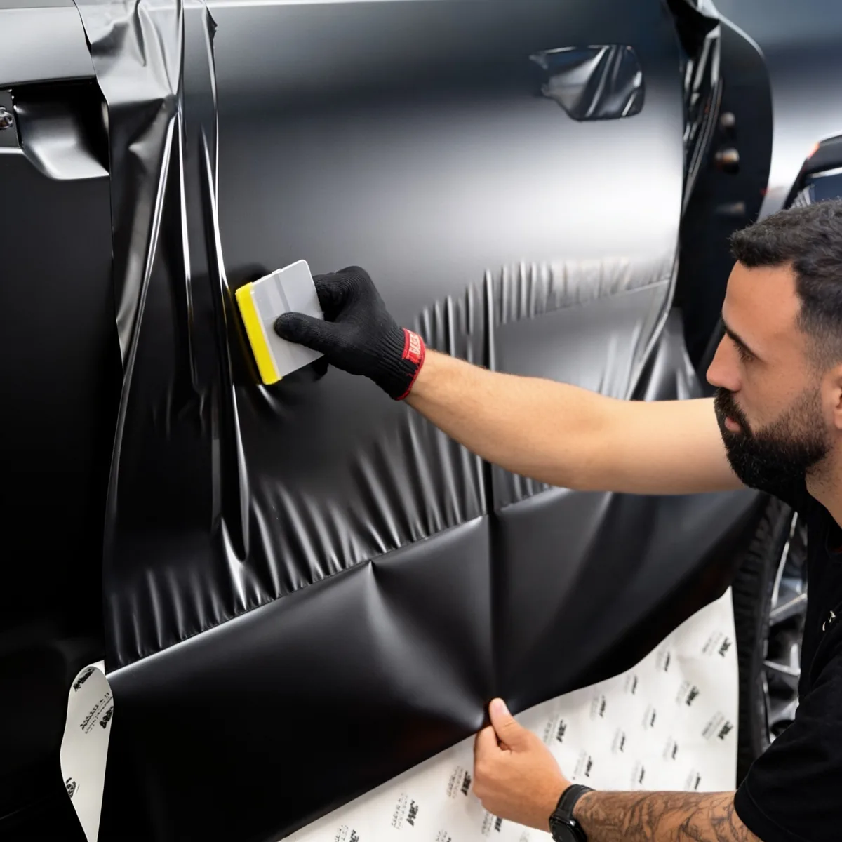 Installer applying matte black vinyl wrap to a car door